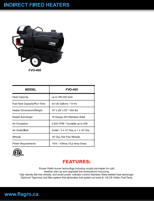 FLAGRO Indirect Heater FVO-400 #3403 - 3 - 1737995863212_Flagro Spec Sheet