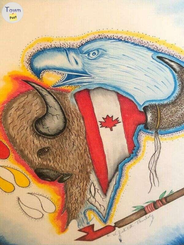 Royal Canadian Air Force Indigenous Buffalo Eagle Canadian flag hand made art work picture. - 2 - 531554-1617449813_0