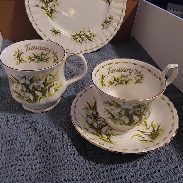 Photo of Royal Albert January Flower of the Month set, teacup and saucer, coffee mug, plate