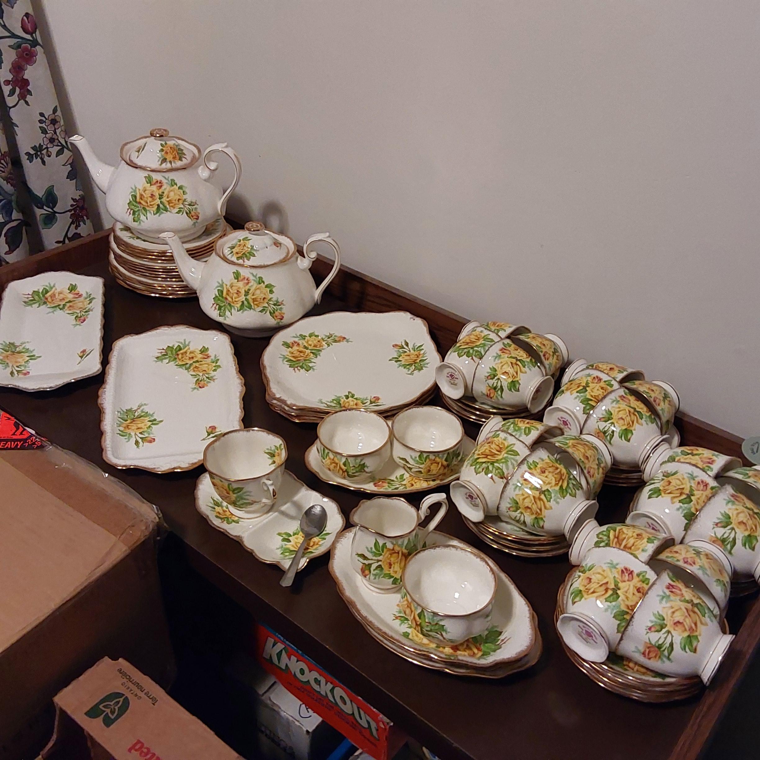 Photo of Royal Albert Tea Rose, teapots, 20 cups&saucers, cake plates, sandwich tray, cream&sugar, teacup set