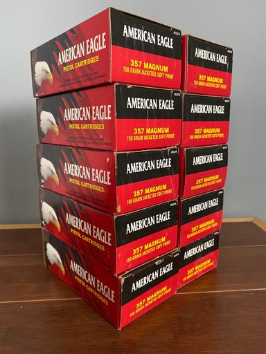 Photo of 10 boxes of American Eagle 357 Magnum 158 Grain Jacketed Soft Point Ammo - 1