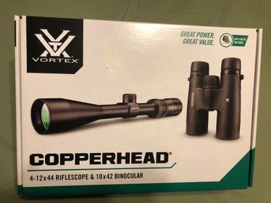 Photo of NEW! Vortex Optics Copperhead Combo: 4-12x44 BDC Riflescope, 10x42 HD Binoculars, Hat and Decal - 2