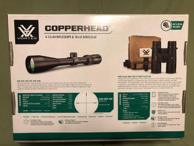 Photo of NEW! Vortex Optics Copperhead Combo: 4-12x44 BDC Riflescope, 10x42 HD Binoculars, Hat and Decal - 1