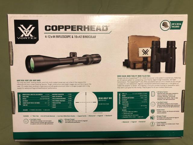 Photo of NEW! Vortex Optics Copperhead Combo: 4-12x44 BDC Riflescope, 10x42 HD Binoculars, Hat and Decal