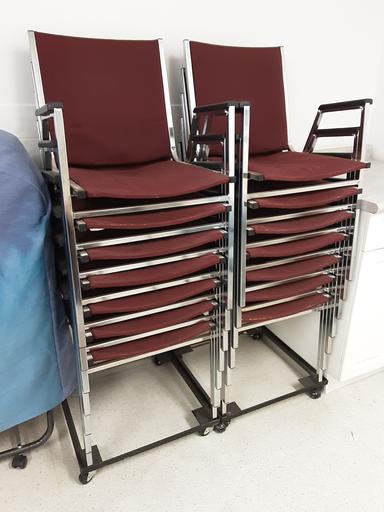 Photo of 14 stacking arm chairs with 2 rolling storage fram - 1