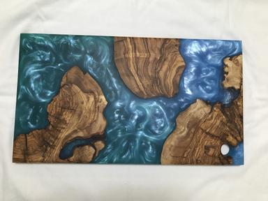 Photo of Charcuterie board Olive wood with epoxy " light green light blue"  - 1