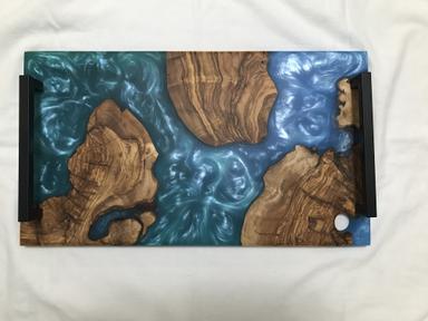 Photo of Charcuterie board Olive wood with epoxy " light green light blue"  - 2