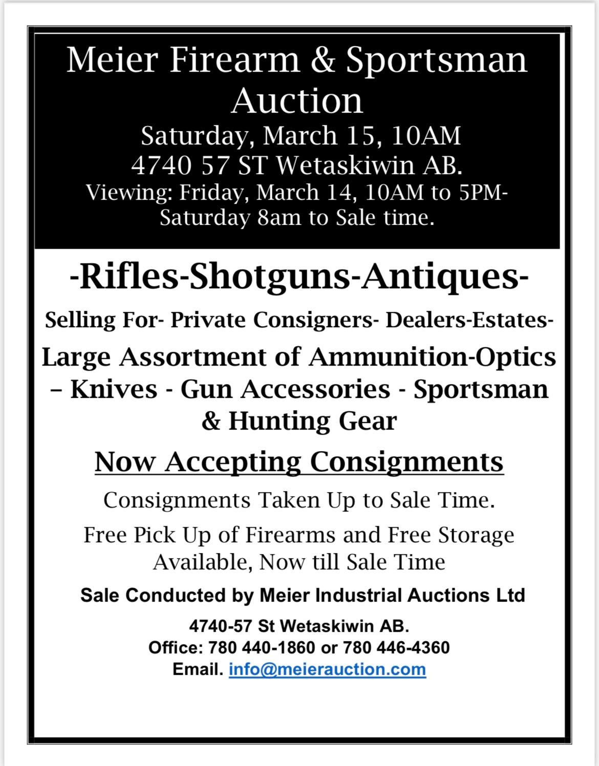 Photo of Meier Firearm & Sportsman Auction Sat. March 15 10am in Wetaskiwin, AB