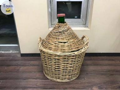 Photo of Vintage Large 26" Tall Demijohn with Original Wicker Basket Green Glass Bottle - 1