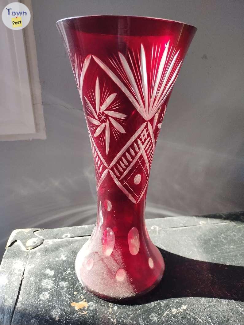 Photo of Bohemian Style Ruby Cut to Clear Hand-Cut Crystal Vase 