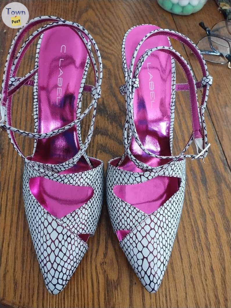 Photo of Pretty Fuschia Pink and White ladies strappy heels 