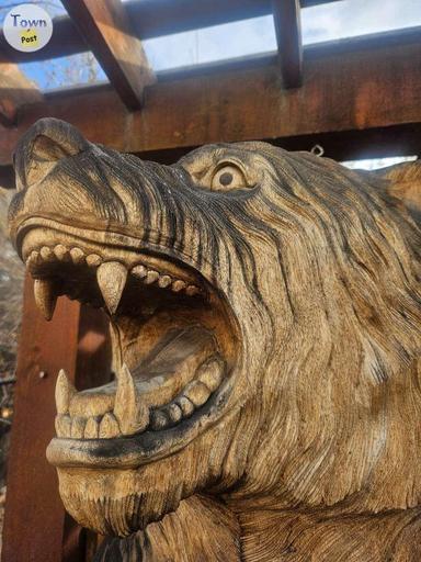 Photo of 7 foot tall solid teak hand carved bear with fish. - 1