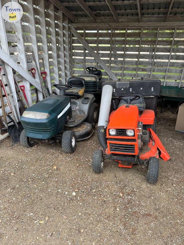 Photo of Four garden tractors/mowers plus spare parts. 