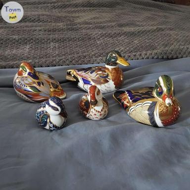 Photo of Royal Crown Derby duck paperweights, 22k gold swimming, teal, caroline with stoppers - 1