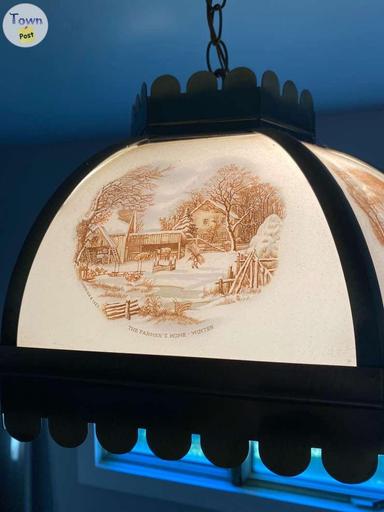 Photo of Vintage Currier Ives Farmhouse Scene Hanging Light Fixture - 2