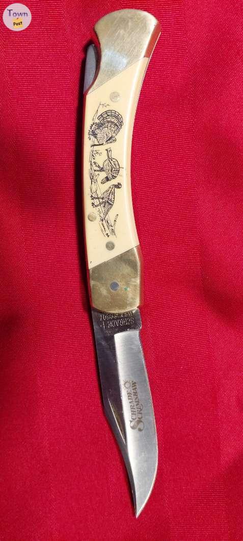 Photo of VINTAGE SCHRADE SC507 SCRIMSHAW RAM FOLDING LOCKBACK POCKET KNIFE 