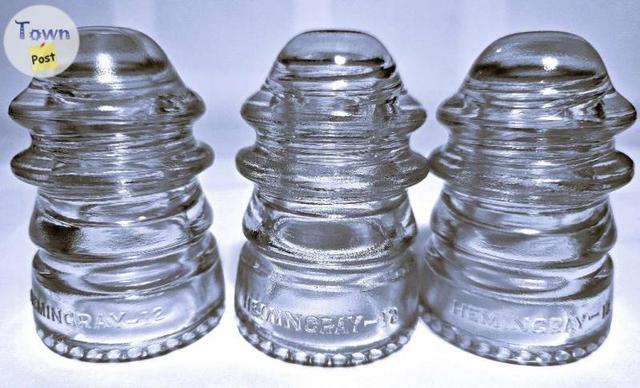 Photo of 3 - LOT of HEMINGRAY TELEPHONE LINE INSULATORS - #12 CD113 CLEAR - DIFFERENT MFG. YEARS