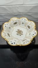 Photo of vintage Reichenbach pierced lattice gold floral porcelain footed centerpiece bowl,