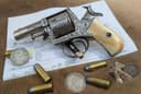 Photo of ANTIQUE (no PAL) Ivory Grip Gentleman's Elaborate Hand Engraved "EUREKA" British Bulldog Revolver in .44 Webley shoots .44 Russian initialed "JHP"